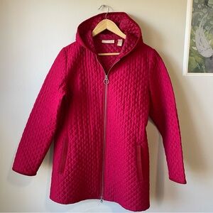 Kate Hill Quilted Hooded Car Coat Red Corduroy Trim detail